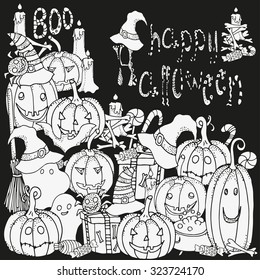 Set of Halloween symbols pumpkin, broom, bat, spider webs.  Hand-drawn decorative elements in vector. Black and white pattern.  Made by trace from sketch. Zentangle. Pattern for coloring book. 