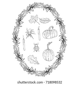 Set of Halloween symbols. Pumpkins, spider, wreath branches frame, leaves, candles. Hand drawn  vector illustration. Doodle, cartoon, tattoo style. For postcards, stickers, coloring pages, t-shirts.
