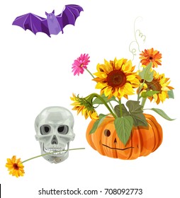 Set of Halloween symbols: skull, bat, orange pumpkin with bouquet autumn flowers (sunflowers, gerbera daisy). Collection on white background, digital draw, illustration in watercolor style, vector