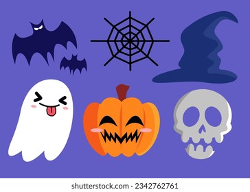 set of halloween symbols, spooky monster, horror ghost, cartoon bat