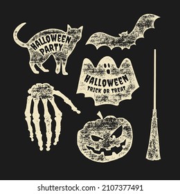 Set of halloween symbols with text inside on grunge background. Typographic design of scrapbook elements. Vector illustration.