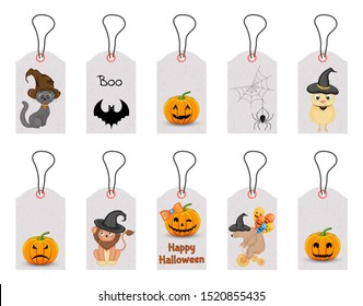Set of Halloween tags for holiday goods on a white background. Cartoon style. Vector