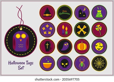 Set of Halloween tags isolated on white. Owl, hat, flask, stars, candle, bone, lollypop, coffin, ghost, pumpkin, moon, pot, skull, web, spiderweb. Vector