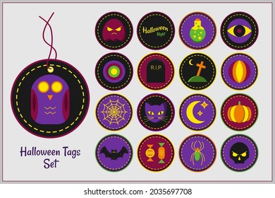 Set of Halloween tags isolated on white. Owl, ghost, flask, eye, gravestone, grave cross, spider web, spider, cat, moon, pumpkin, bat, candy, skull. Vector