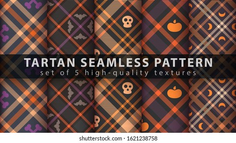 Set halloween tartan seamless pattern