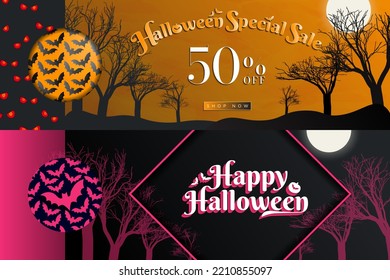 Set of Halloween templates. Halloween Special Sale Banner with 50% off and shop now button on orange textured gradient background with trees and moon. Happy Halloween message on pink frame. Vector