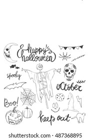 Set of Halloween with Text. Happy Halloween Calligraphy. Lettering. October. Boo! Keep out. Spooky.