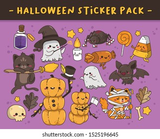 SET OF HALLOWEEN THEME PUMPKINS, CATS, BAT, CANDIES, GHOSTS CHARACTERS AND OTHER MISCELLANEOUS ISOLATED STICKER PACK IN PURPLE BACKGROUND