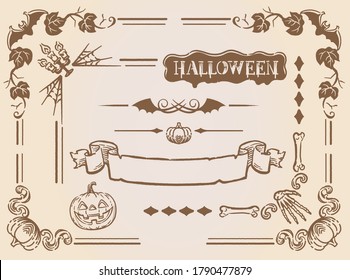 Set of Halloween themed elements and frame corners in vintage style. Vector illustration.