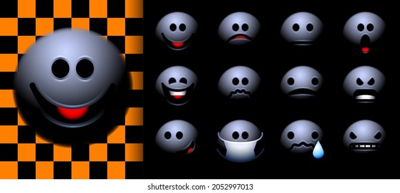 Set of Halloween themed emoji or smileys with ghost in the darkness. All basic emotions - joy, fear, happiness, sadness