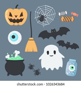 Set of Halloween Themed Icons with Ghost, Pumpkin, Eyeballs, Bats, Spiders, Spider Web, Broom and Witches Brew