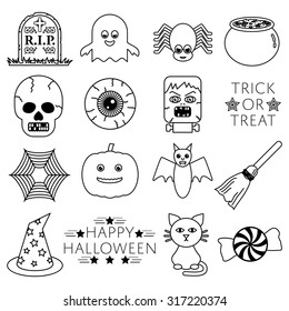 set of halloween themed line icons isolated on white