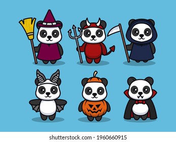 Set of Halloween themed panda mascot design illustration