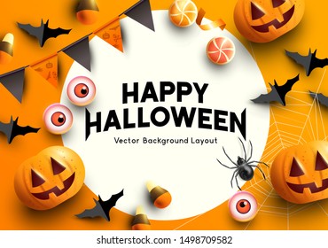 A set of halloween themed party decorations. Top down view with room for copy. Vector illustration