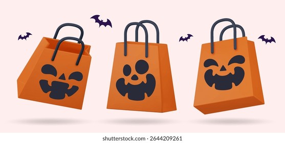 Set of Halloween themed shopping bags. Includes festive paper bag 3d designs for seasonal holiday shopping and gift packaging. Perfect collection for Halloween promotions and decorative elements.
