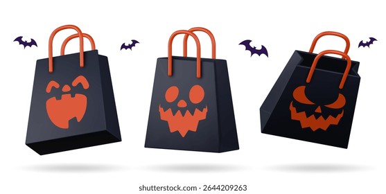 Set of Halloween themed shopping bags. Includes festive paper bag 3d designs for seasonal holiday shopping and gift packaging. Perfect collection for Halloween promotions and decorative elements.