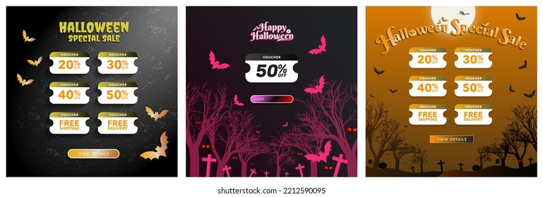 Set of Halloween themed special sale online voucher posters with view details CTA button and voucher code. Halloween digital 50% coupon, free shipping, free delivery. Editable Vector Template.