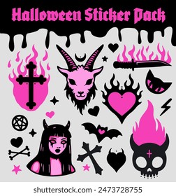 A set of Halloween themed transfer tattoos or stickers with scary gothic images of a skull, crosses, horned girl and goat head.