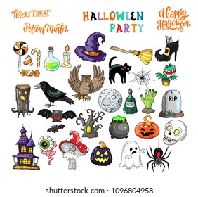 Set of Halloween therme icons. Hand drawn doodle illustrations