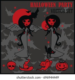 set of halloween things, cartoon style witch and lady vampire, vector illustration