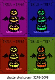 set of halloween three pumpkins with wings of bat and trick or treat