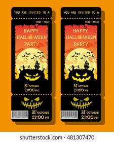 Set of Halloween ticket or flyer on holiday party with pumpkin, scary trees, moon and monster bats on orange gradient background. Letters from bones. Cartoon style. Vector illustration