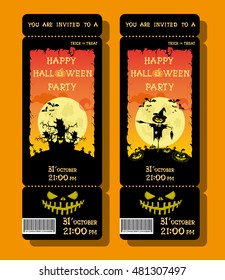 Set of Halloween ticket or flyer on holiday party with pumpkin, scary trees, moon and monster bats on orange gradient background. Letters from bones. Cartoon style. Vector illustration