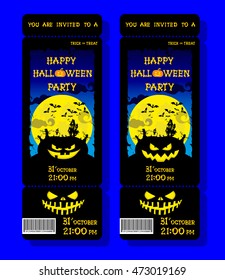 Set of Halloween ticket on holiday party with pumpkin, scary trees, moon and monster bats on dark blue gradient background. Letters from bones. Cartoon style. Vector illustration