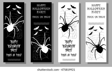 Set of Halloween ticket on holiday party with scary spider, and monster bats isolated on gray background. Cartoon style. Vector illustration