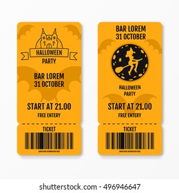 Set of halloween ticket on holiday party with castle church graves bats moon witch on a broomstick isolated. Flyer template design. Club event admission or entrance ticket layout. Vector illustration.