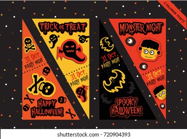 Set of Halloween tickets cards tags vector Halloween night, trick or treat, for scrapbook, gift tags, with ghost, skeleton, skull, bat, monster and text in orange, yellow, black.