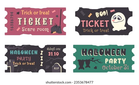 Set of Halloween tickets template with color text.Traditional hand drawn coupon and invitation. Cute ghost, silhouette of bat, spider, pumpkin, spiderweb, cemetery, tomb. Vector illustration	