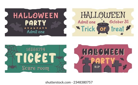 Set of Halloween tickets template with text. Traditional hand drawn coupon isolated. Tomb, spooky cemetery, silhouette of bat, witch’s potion cauldron. Autumn holiday of dead. Vector illustration