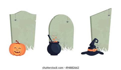 Set of halloween tombs.Traditional symbols, cute design elements, orange Pumpkin, magic cauldron, Witch Hat, tombs and spiders.Vector illustration.