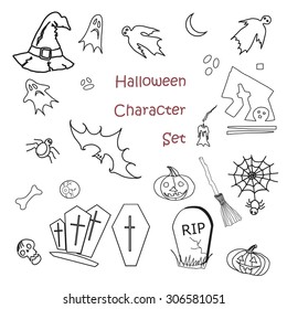 Set of halloween traditional symbols, hand-drawn doodle elements. Vector. 