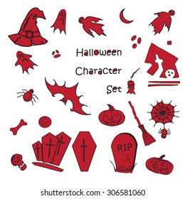Set of halloween traditional symbols, hand-drawn doodle elements. Vector. 