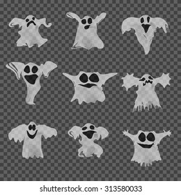 Set of Halloween transparent ghosts with different expressions for your design and business. Scary cute spooky. Vector illustration EPS 10 isolated on black background. Custom shapes, faces and smiles