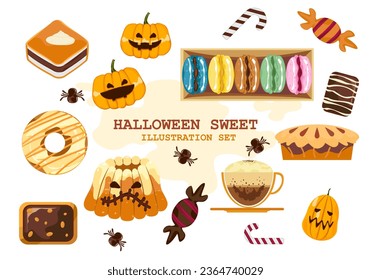 Set de dulces de Halloween, caramelos y snacks, caramelos duros, macarons y bares, caramelos, copas, panadería, donuts, pasteles, galletas y calabazas. Ilustración vectorial adecuada para el diseño de vacaciones.