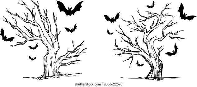 Set of halloween tree . Dead Branch from vector.Halloween tree by hand drawing.Black plant on white background.