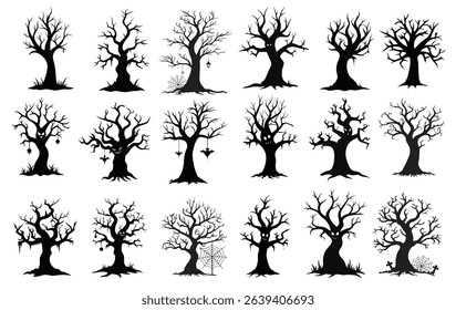 A set with  of Halloween tree silhouettes with twisted, eerie, leafless branches in various creepy shapes.