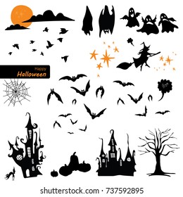 Set of Halloween Tree, Witch, Pumpkins, Silhouetted Bats, Silhouetted Birds, Ghost, Moon, Clouds