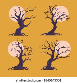 Set of Halloween trees with moonlight background