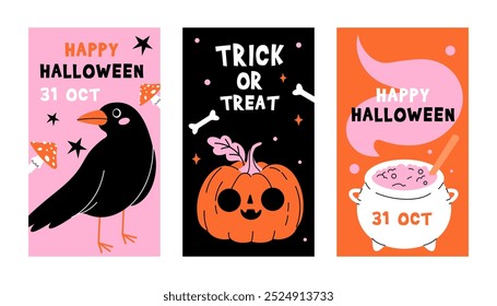 Set of Halloween trendy cards. Trendy and funny characters. Cute vector poster set for postcard, flyer, banner. Vector illustration in flat style