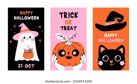 Set of Halloween trendy cards. Trendy and funny characters. Cute vector poster set for postcard, flyer, banner. Vector illustration in flat style