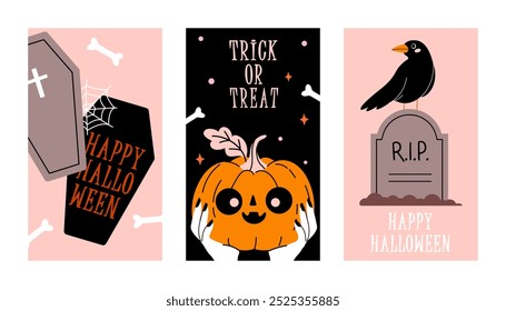 Set of Halloween trendy cards. Trendy and funny characters. Cute vector poster set for postcard, flyer, banner. Vector illustration in flat style	
