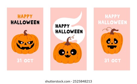 Set of Halloween trendy cards. Trendy and funny characters. Cute vector poster set for postcard, flyer, banner. Vector illustration in flat style	
