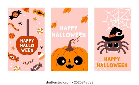 Conjunto de tarjetas de moda de Halloween. Personajes de moda y divertidos. Conjunto de póster de Vector lindo para postal, folleto, Anuncio. Ilustración vectorial en estilo plano	
