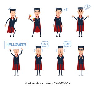 Set of Halloween vampire characters posing in different situations. Cheerful vampire karaoke singing, dancing, sleeping, thinking, laughing, surprised, holding banner. Flat style vector illustration