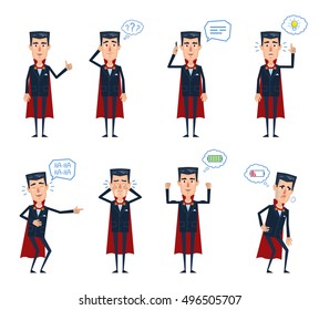 Set of Halloween vampire characters posing in different situations. Cheerful vampire talking on phone, thinking, pointing up, laughing, crying, tired, full of energy. Flat style vector illustration