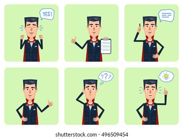Set of Halloween vampire characters posing in different situations. Cheerful vampire talking on phone, thinking, pointing up, celebrating, showing thumb up gesture. Flat style vector illustration